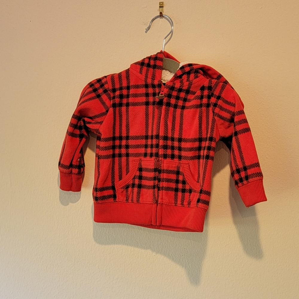 Carter's Red Black Plaid Sherpa Lined Zip Up Hoodie Jacket 3-6 Months Baby Boy G